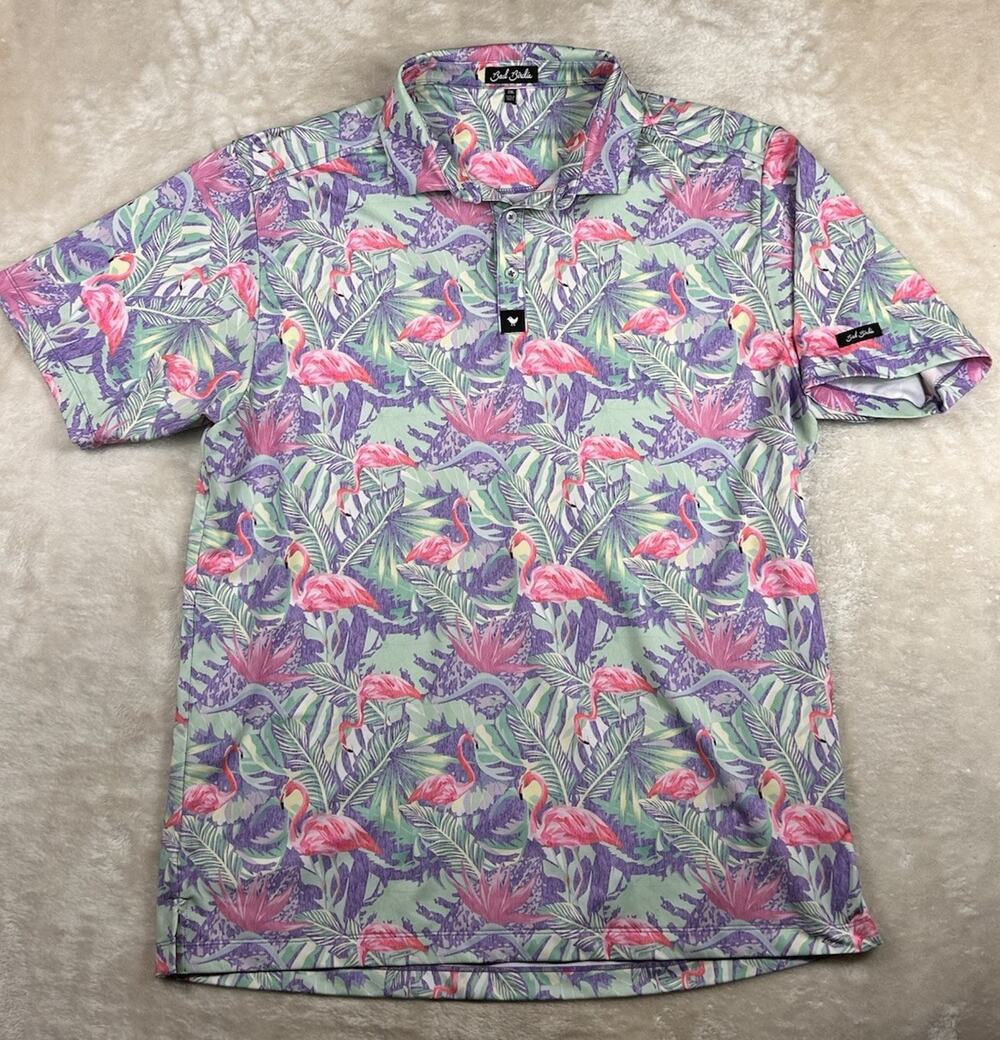 Bad Birdie Polo Shirt Men's 2XL Blue Pink Golf Tropical Floral Flamingo Logo